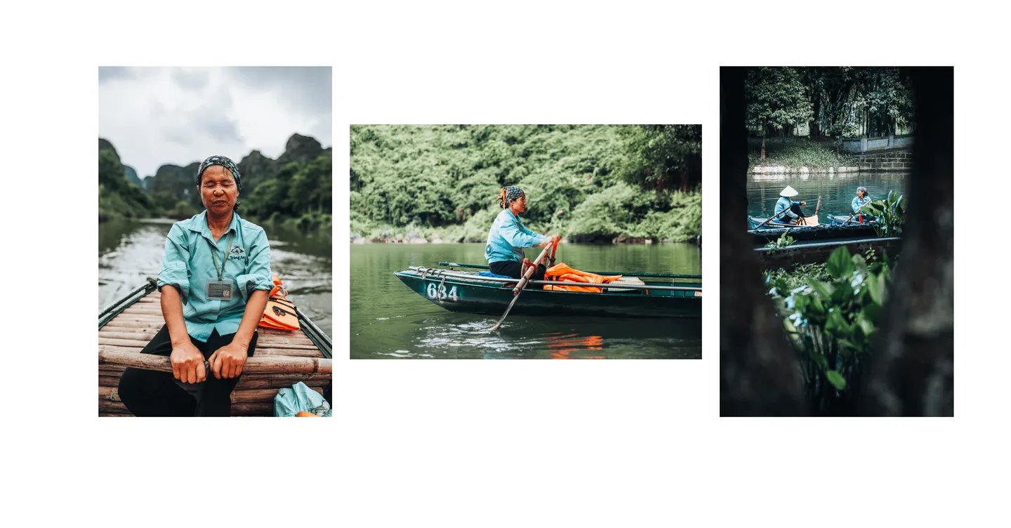Voyage au Vietnam - bateau traditionnel en bambou à Trang An ramé à la main par des guides locales