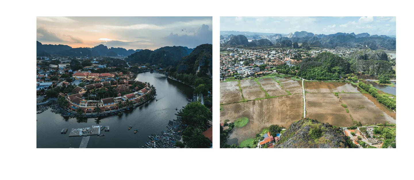Voyage au Vietnam - embarcadère de Tam Coc vue du ciel pour départ en sampan traditionnel en bois