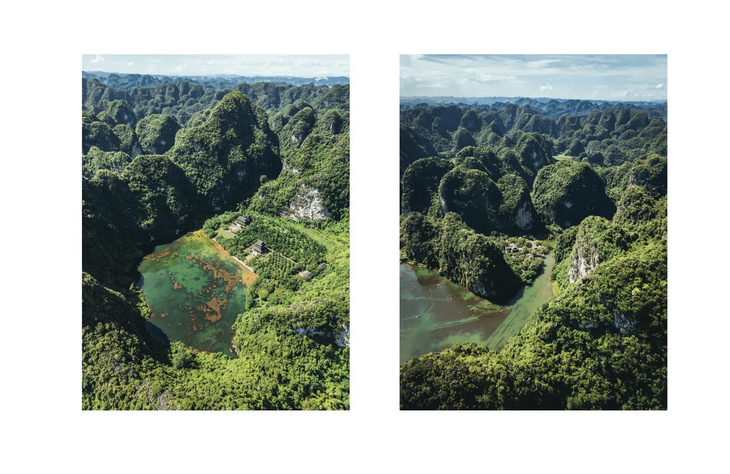 Voyage au Vietnam - Vues aériennes de drone sur les formations karstiques calcaires de Trang An, dans la Baie d'Halong terrestre au Vietnam