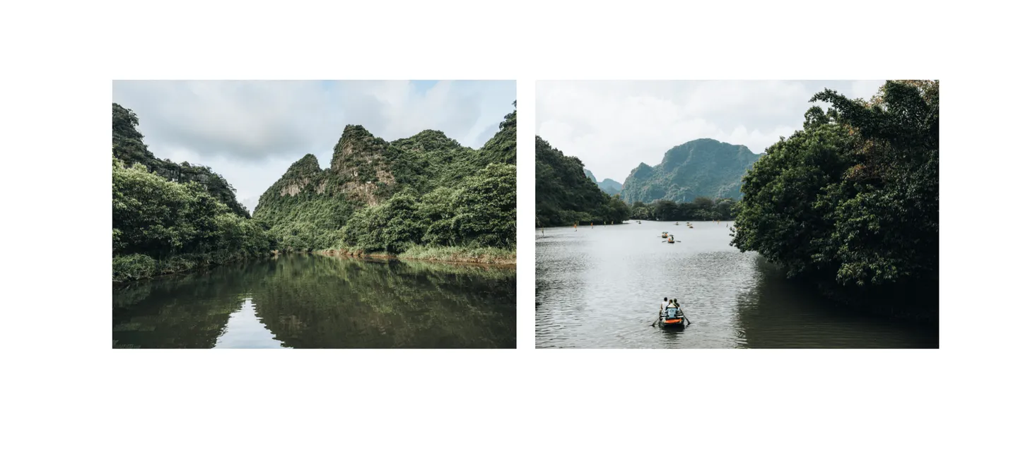 Voyage au Vietnam - navigation sur les eaux cristallines de Trang An reflétant les falaises calcaires