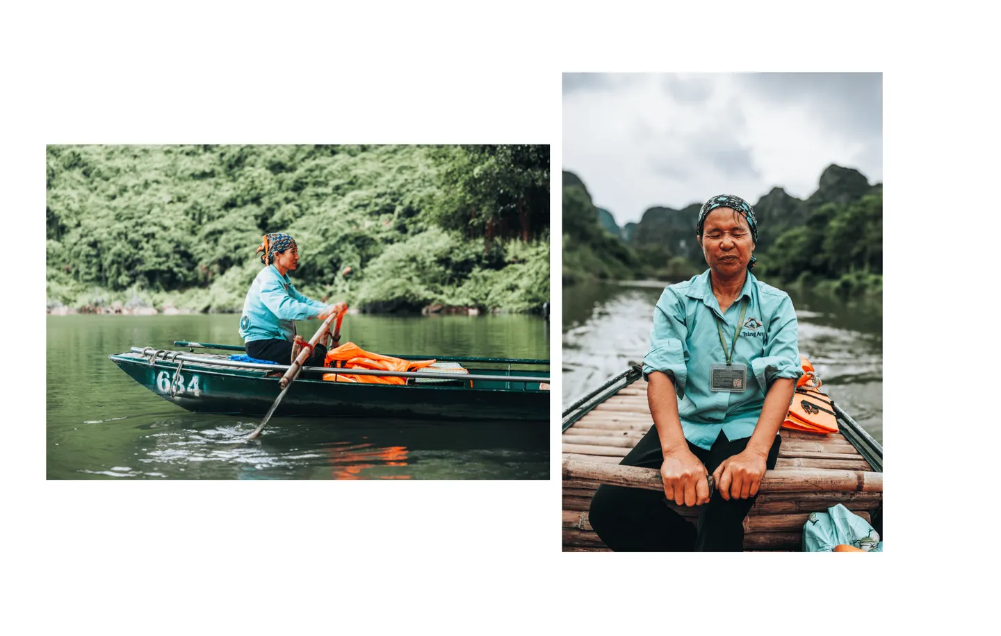 Voyage au Vietnam - rameuses locales expérimentées manœuvrant le sampan à la main avec dextérité à Trang An