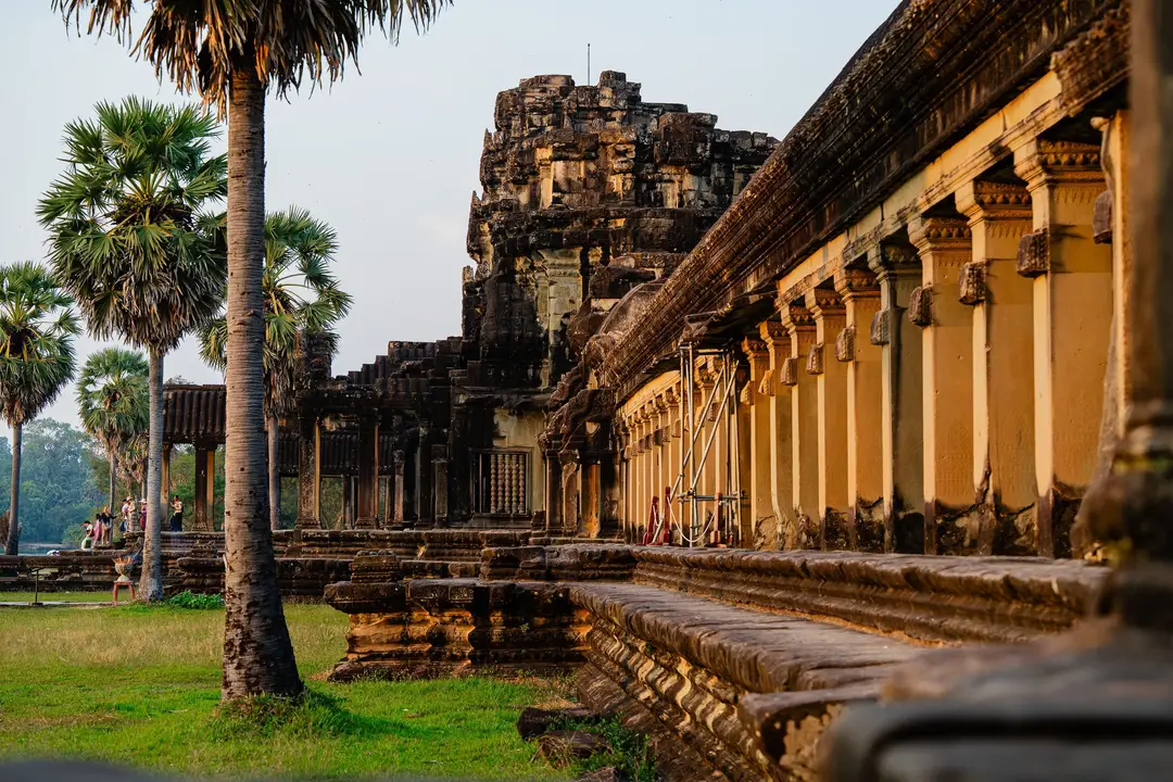 Angkor Wat avec son architecture ancienne et ses palmiers