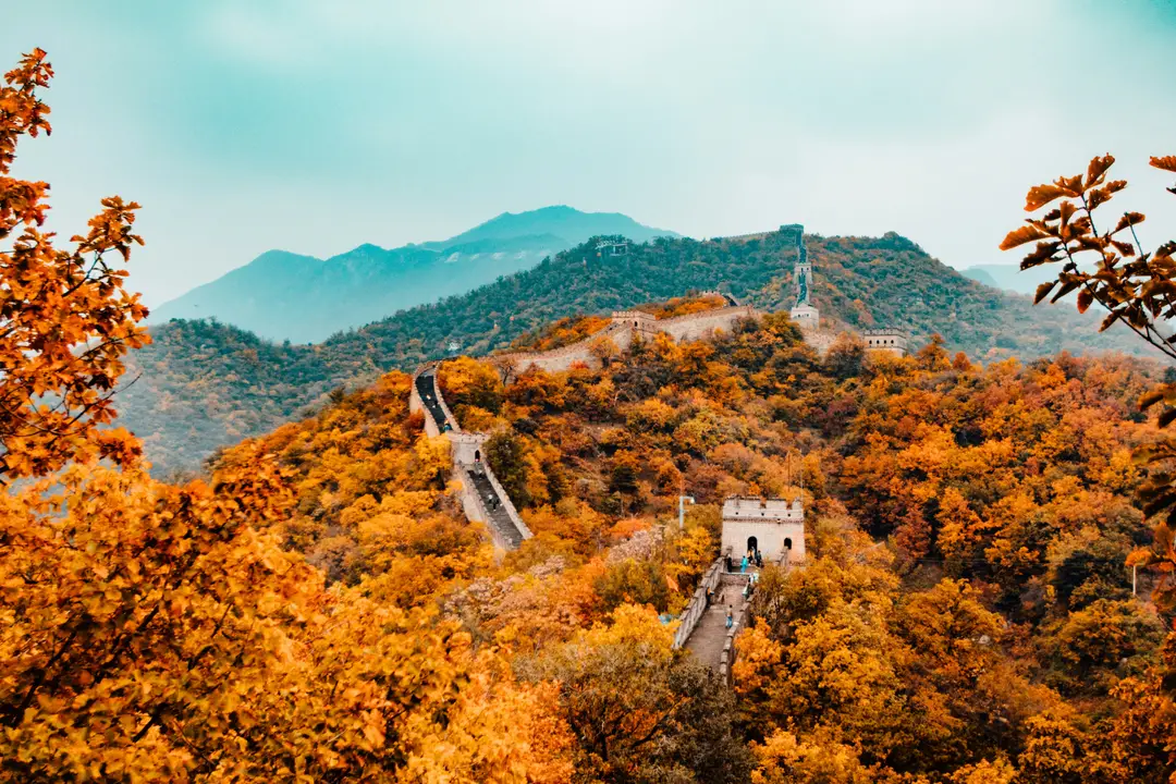Voyage en Chine – La Grande Muraille de Chine serpentant à travers les montagnes aux couleurs de l'automne.