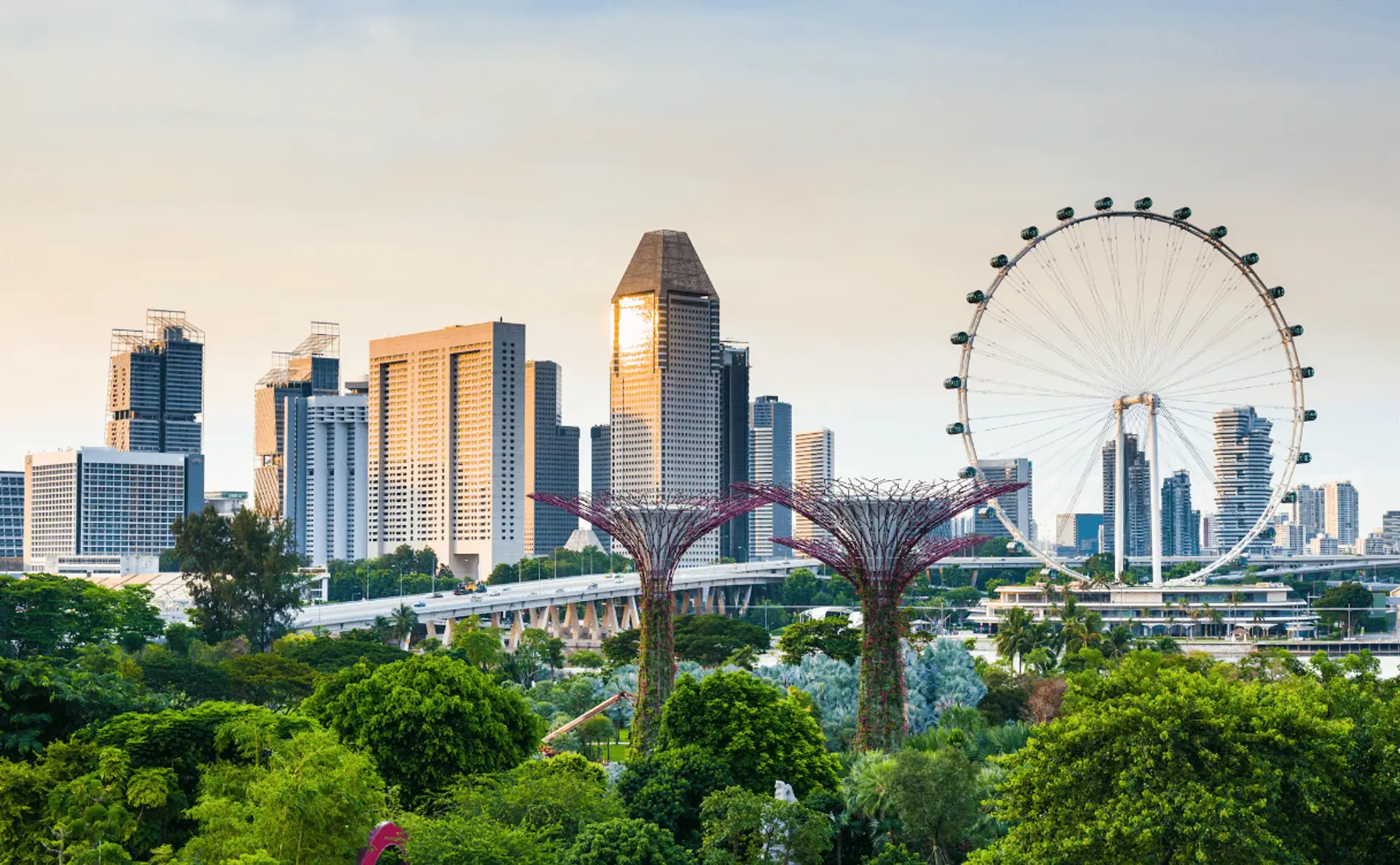 Quand partir à Singapour – Skyline moderne de la ville avec la grande roue Singapore Flyer bordée de végétation.