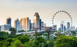 Quand partir à Singapour – Skyline moderne de la ville avec la grande roue Singapore Flyer bordée de végétation.