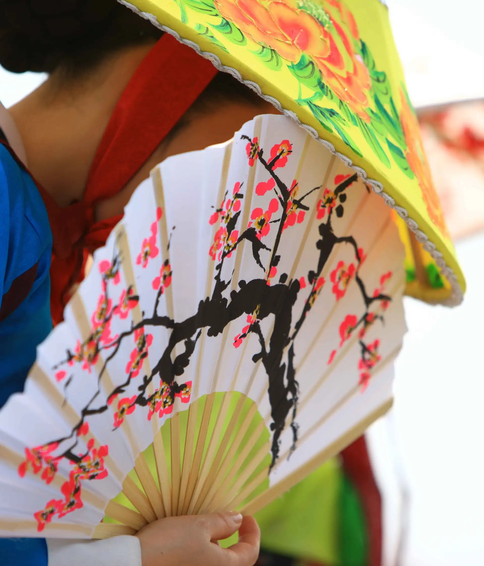 Une personne en tenue traditionnelle de profil portant un grand chapeau conique fleuri et tenant un éventail peint de cerisiers en fleurs en Corée du Sud.