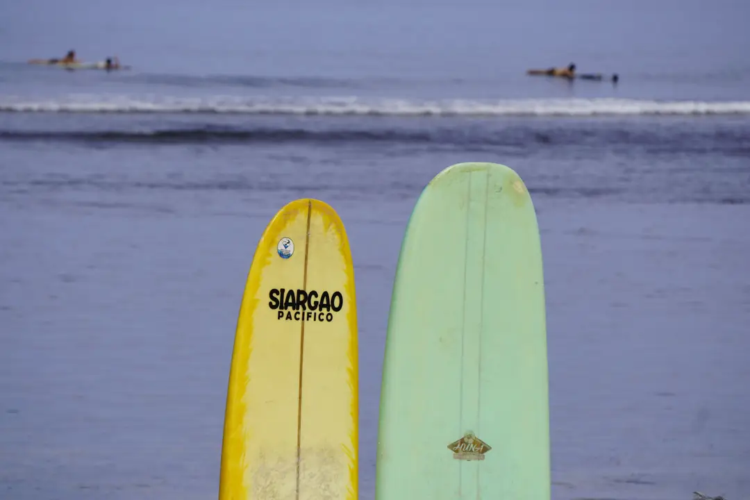 Des planches de surf colorées sur la plage de Siargao, aux Philippines.jpg
