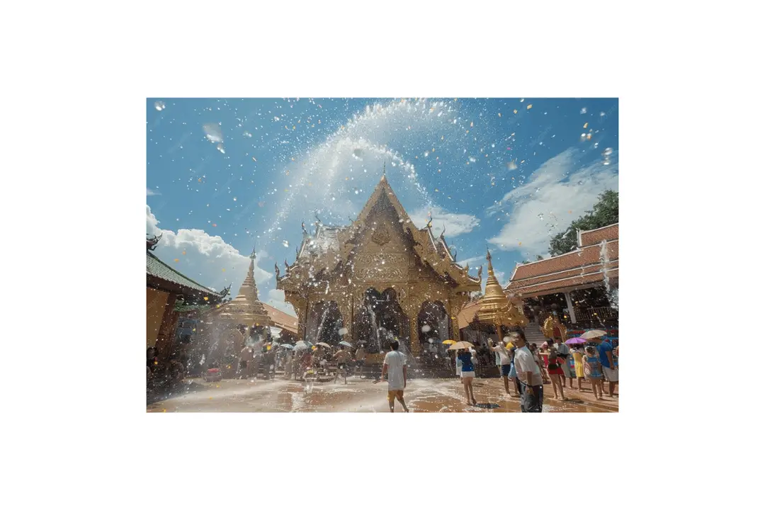 Un triptyque de photos à Chiang Mai pendant Songkran montrant des locaux à l'arrière d'un pick-up avec des seaux d'eau, un homme et une enfant à scooter, et des stands de rue avec des seaux prêts pour la fête.
