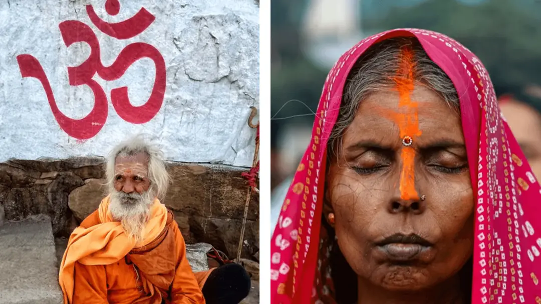 Sur la gauche, le symbole Om ; sur la droite, une femme portant un bindi sur le front.
