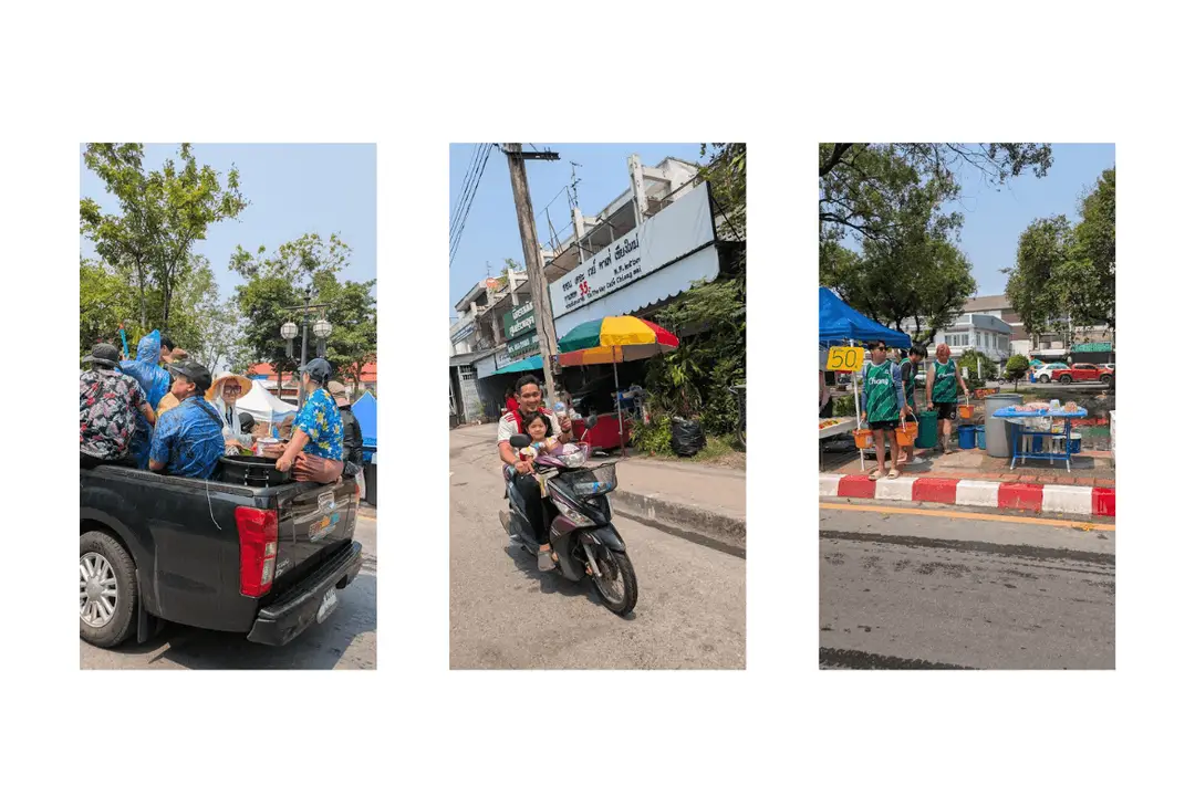 Un triptyque de photos montrant les célébrations de Songkran à Chiang Mai : des personnes à l'arrière d'un pick-up, la foule devant le centre commercial Maya et des jets d'eau arrosant les passants devant l'hôtel Eastin en Thaïlande.