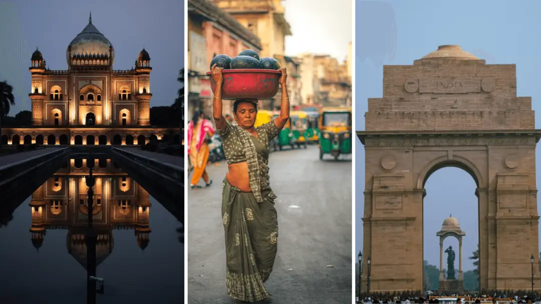 Différentes atmosphères de Delhi : monument, scène de rue et India Gate