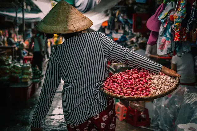 Voyage en Asie — Femme portant le Nón Lá dans un marché vietnamien, immersion culturelle dans la gastronomie locale — Shanti Travel