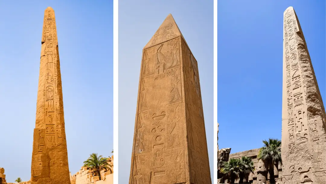 Grand obélisque égyptien avec des hiéroglyphes, temples de karnak