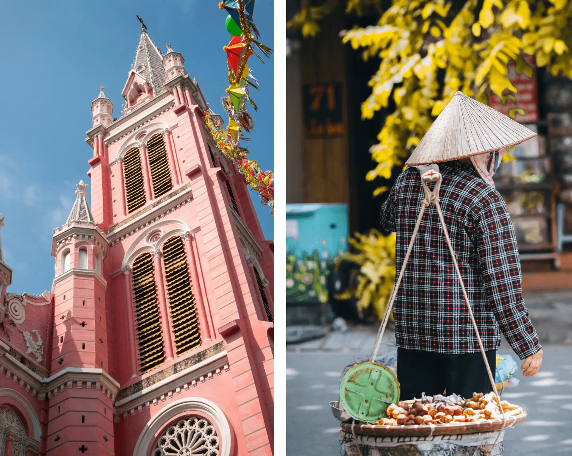 Montage comparatif avec l'église rose de Tan Dinh à Ho Chi Minh-Ville et une vendeuse ambulante au chapeau conique dans une rue d'Hanoï.
