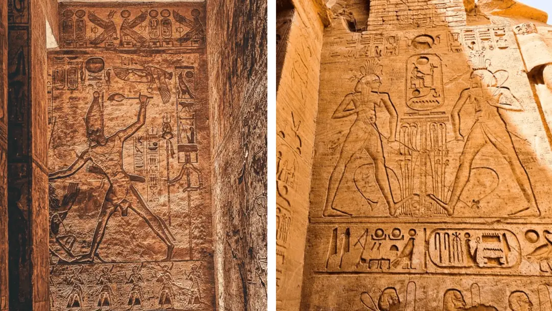 Hiéroglyphes et sculptures détaillés sur le mur d'un ancien temple égyptien, présentant l'art et l'architecture historiques, assouan