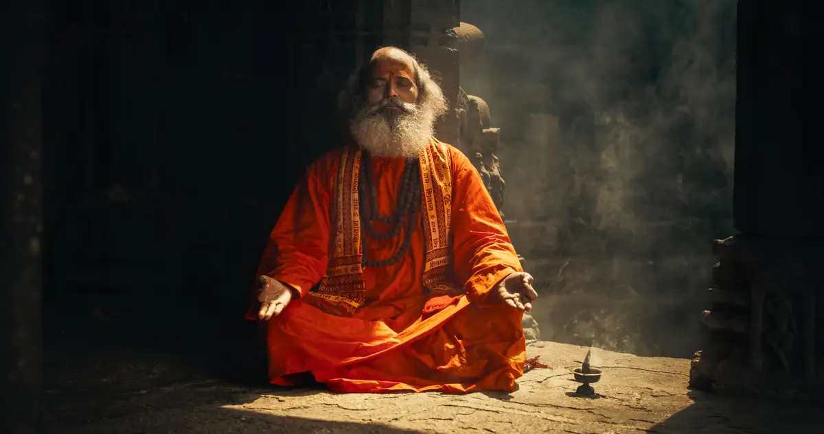 Voyage en Inde du Sud : Moine méditation orange