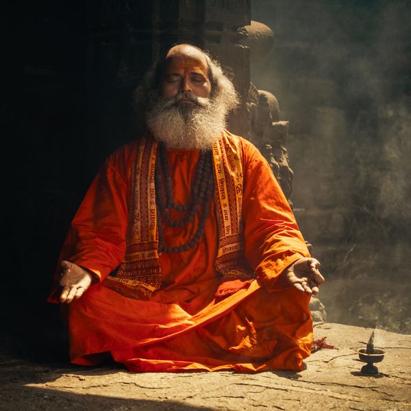 Voyage en Inde du Sud : Moine méditation orange