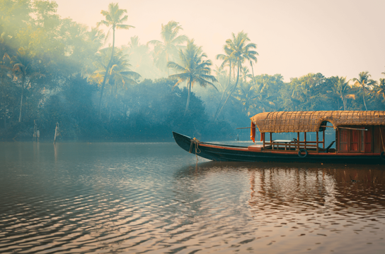 Travel in Asia - A boat floating on a river surrounded by jungle in the backwaters of Kerala, India