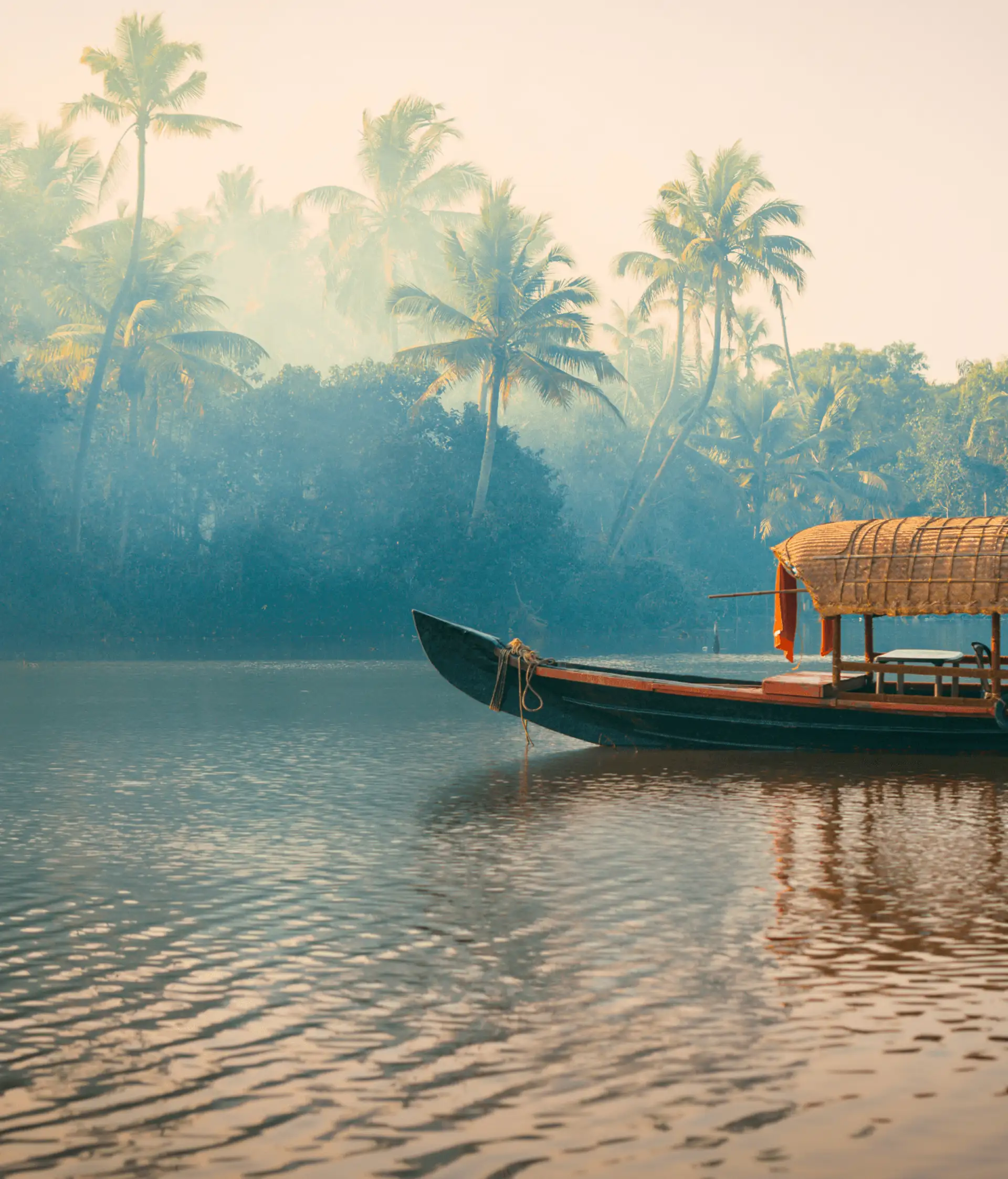 Travel in Asia - A boat floating on a river surrounded by jungle in the backwaters of Kerala, India