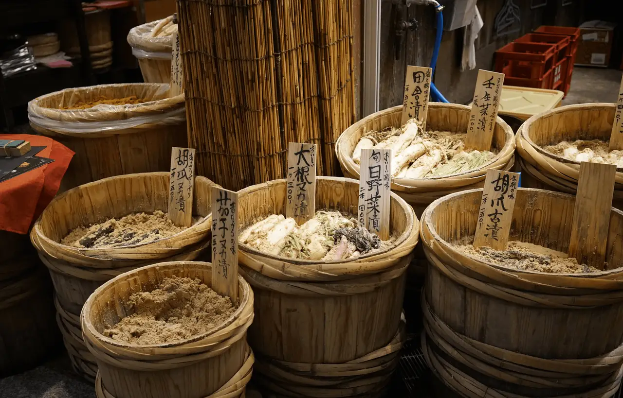 Étal de légumes en saumure traditionnels (Tsukemono) présentés dans des seaux en bois au marché de Nishiki à Kyoto, une immersion gastronomique authentique conseillée par les experts Shanti Travel.