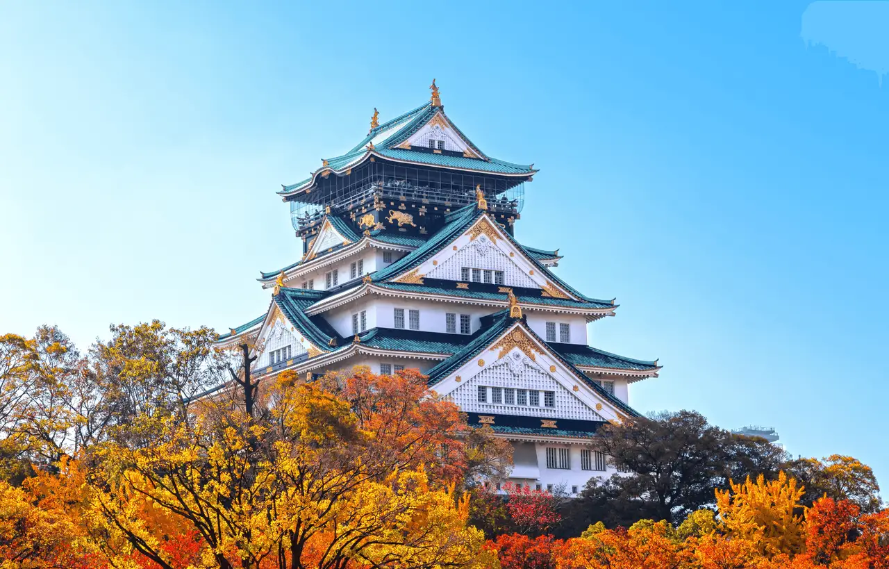 Le donjon principal du château d'Osaka (Osaka-jo) émergeant des feuillages d'automne flamboyants, un symbole historique de l'unification du Japon à découvrir lors de la dernière étape du circuit Shanti Travel.
