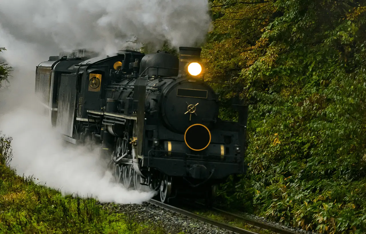 Locomotive à vapeur historique traversant les paysages verdoyants de Nikko, une expérience de voyage ferroviaire authentique et nostalgique incluse dans le circuit "Le Japon en train" de Shanti Travel.