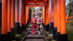 Une Geiko et une Maiko en kimonos traditionnels marchant dans le quartier de Gion à Kyoto, Japon
