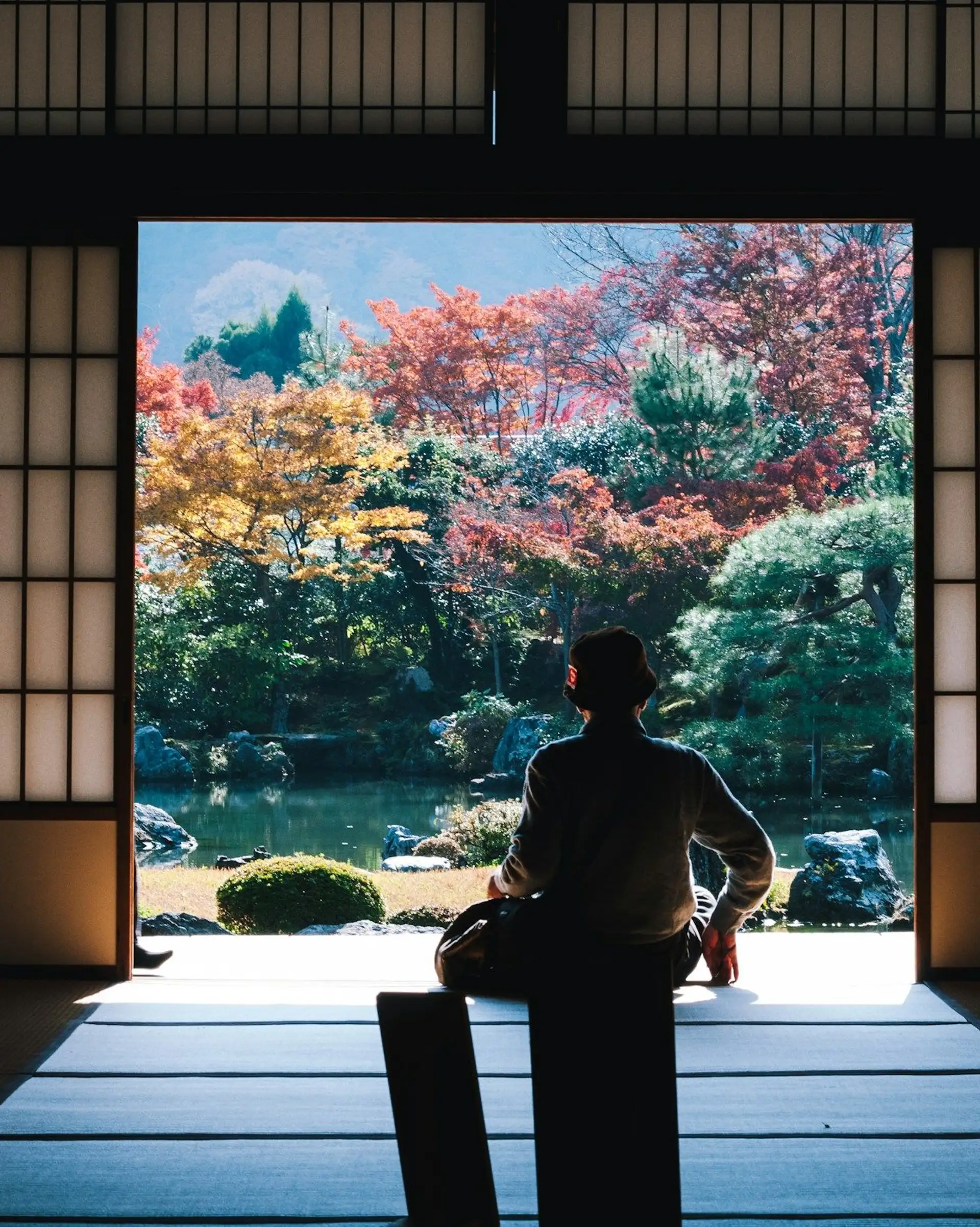 Travel in Asia - A man seated in temple building with open shoji screen doors looking out over autumn colors in Japan