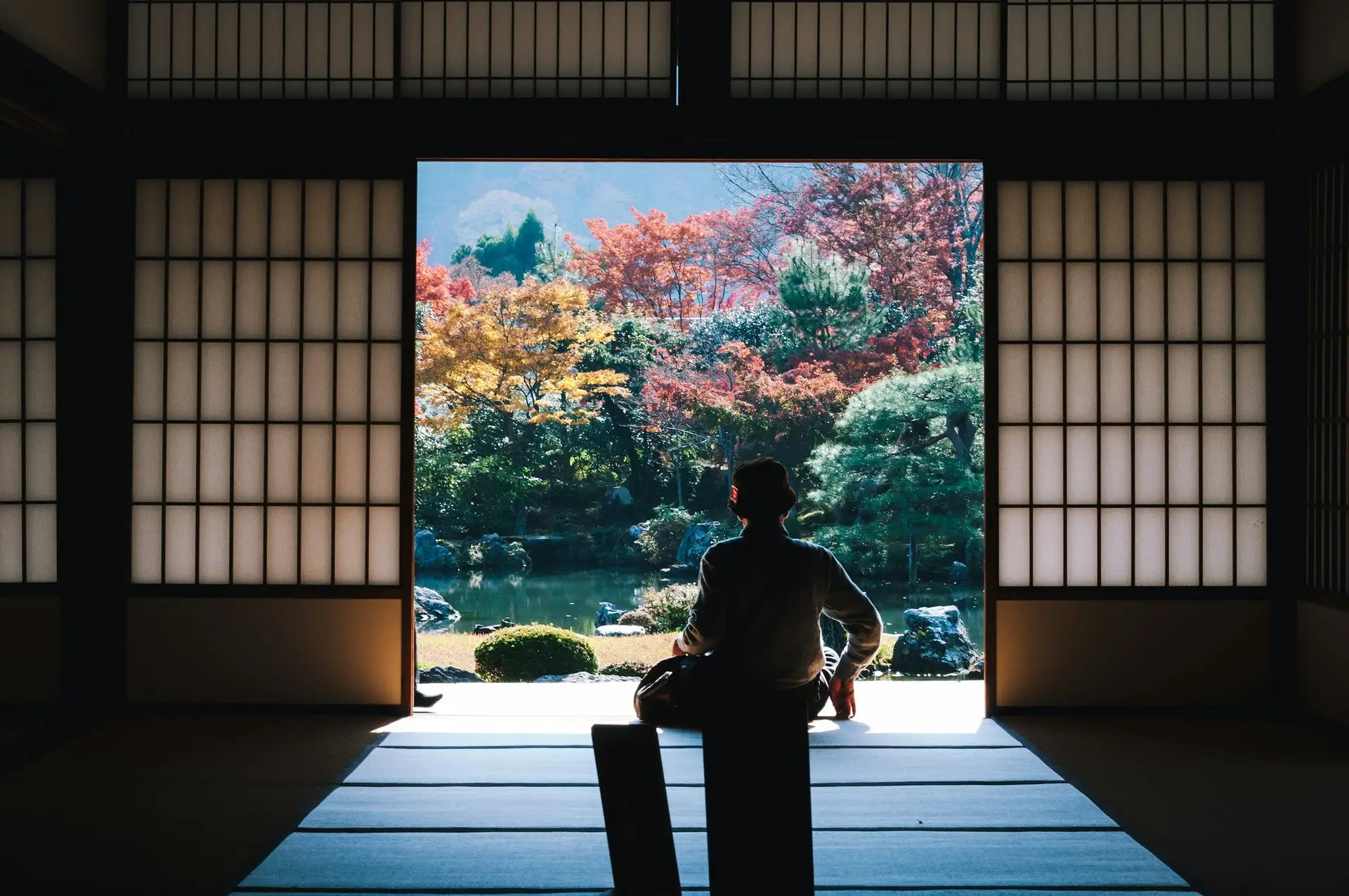 Travel in Asia - A man seated in temple building with open shoji screen doors looking out over autumn colors in Japan