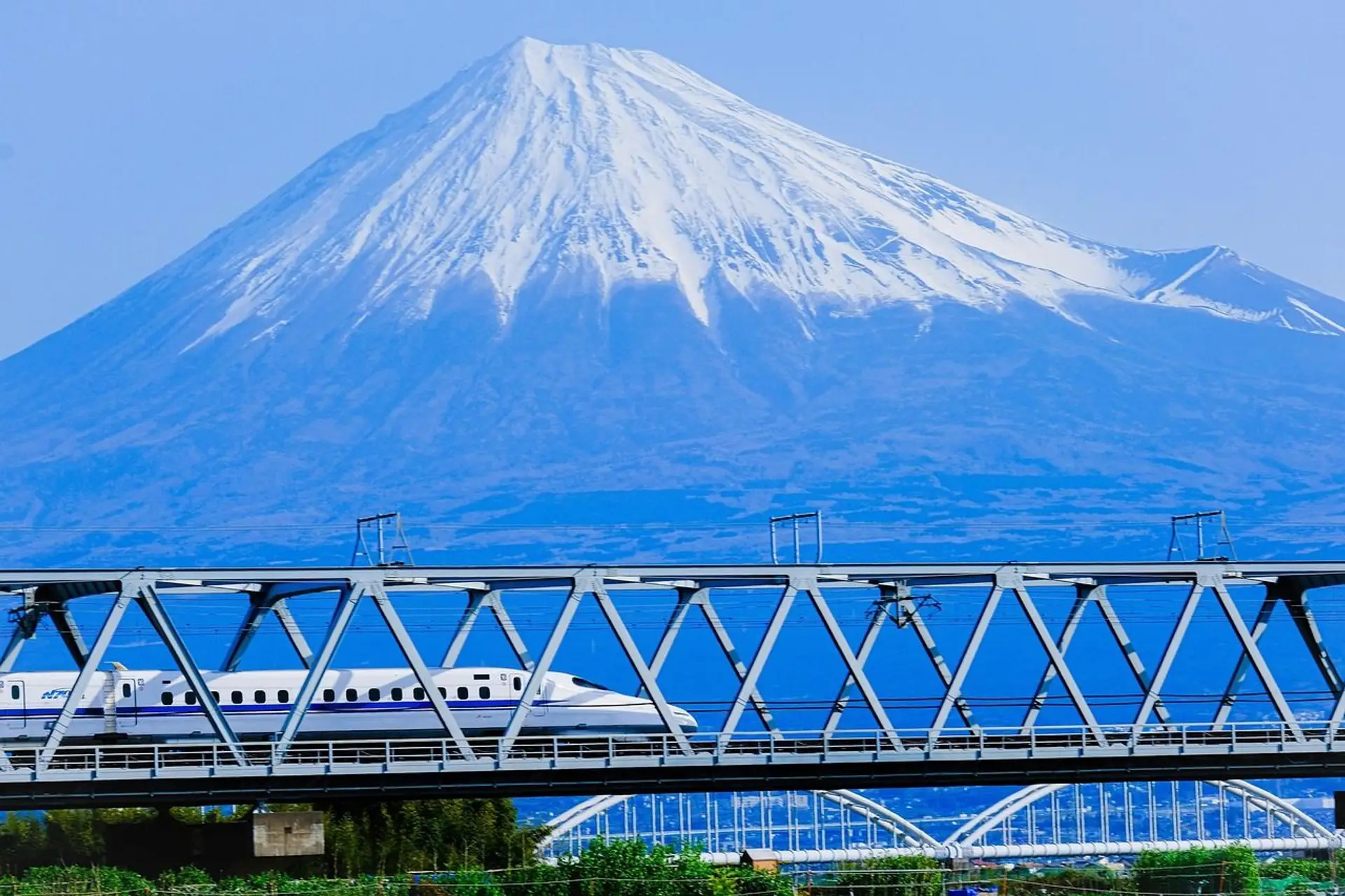 Vue sur le mont Fuji et un shinkansen.