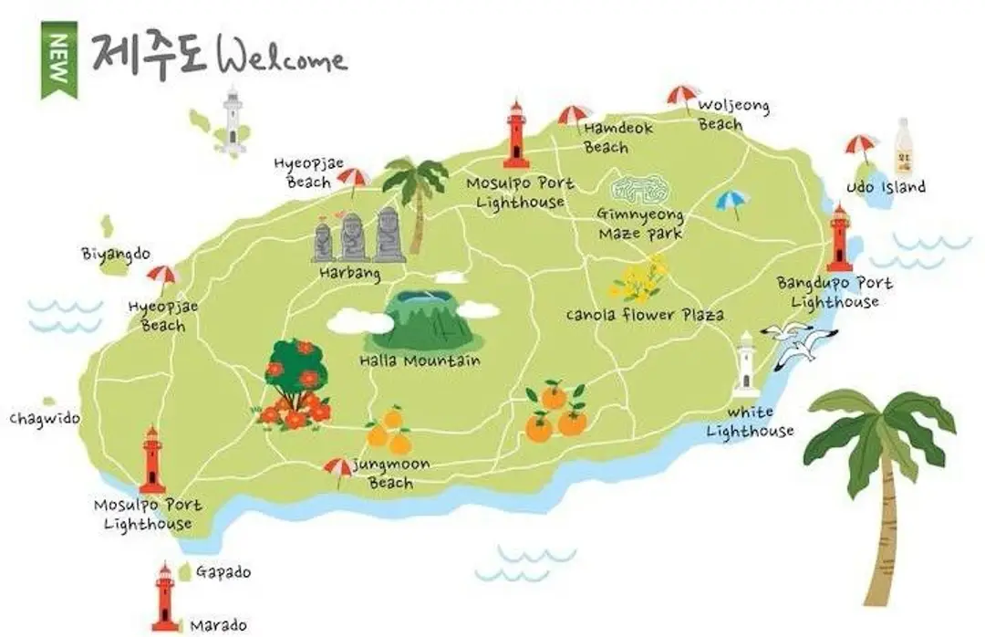 Carte touristique illustrée de l'île de Jeju en Corée du Sud, affichant les plages, phares, parcs et le mont Hallasan pour planifier ses déplacements.