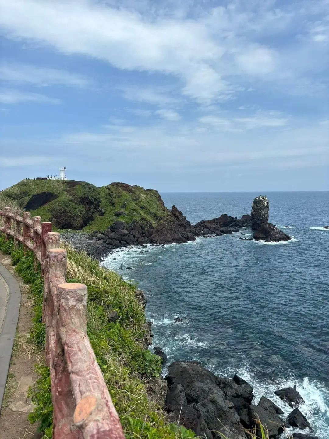 Sentier aménagé en bord de mer le long des falaises rocheuses de Seogwipo, offrant un panorama sur l'océan et la nature sauvage du sud de Jeju.