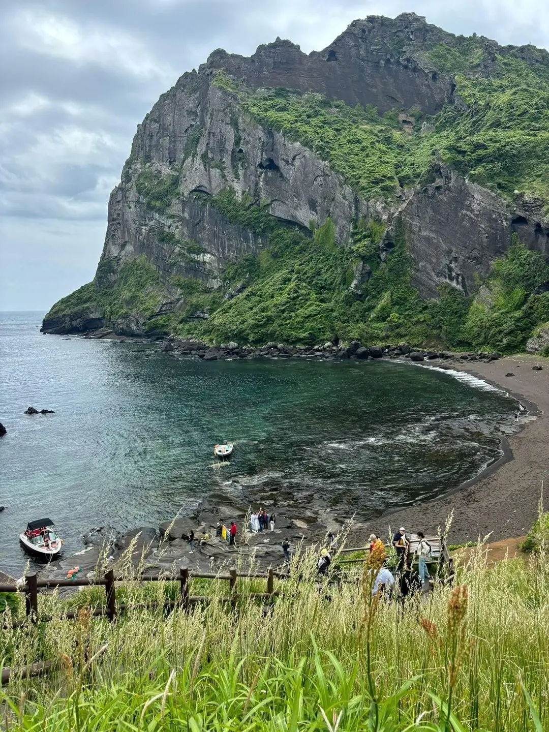 Vue sur les parois rocheuses abruptes et verdoyantes du cratère volcanique de Seongsan Ilchulbong, surplombant une crique aux eaux claires sur l'île de Jeju.