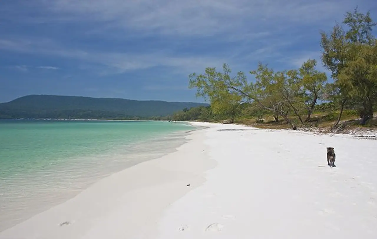 Une plage déserte de sable blanc bordée d'arbres tropicaux sauvages et d'une mer turquoise calme le long de la côte de l'île de Koh Tonsay au Cambodge.