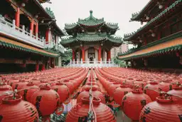 Cour intérieure du temple Sanfeng à Kaohsiung couverte de centaines de lanternes rouges traditionnelles suspendues.