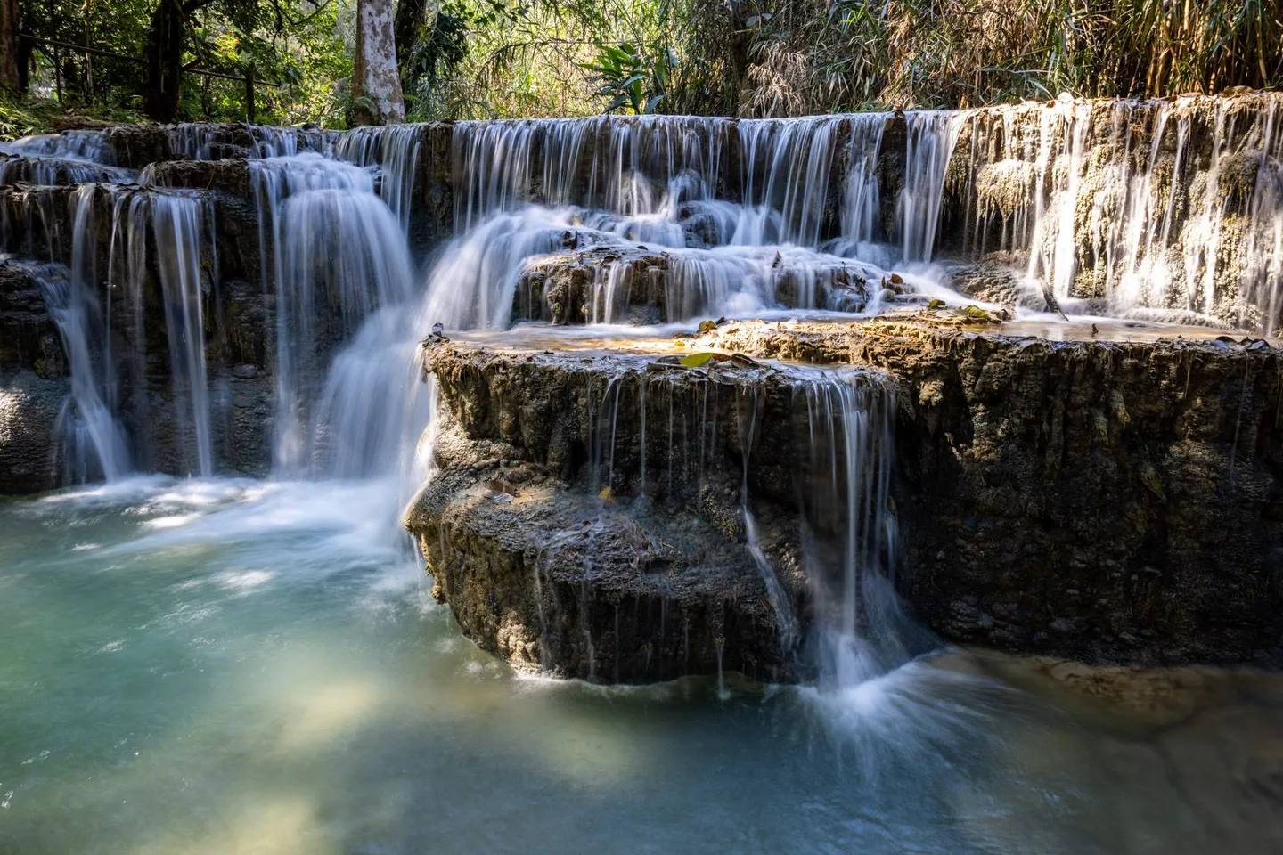 Voyage au Laos — les trois niveaux des cascades de Kuang Si avec zones de baignade et piscines naturelles