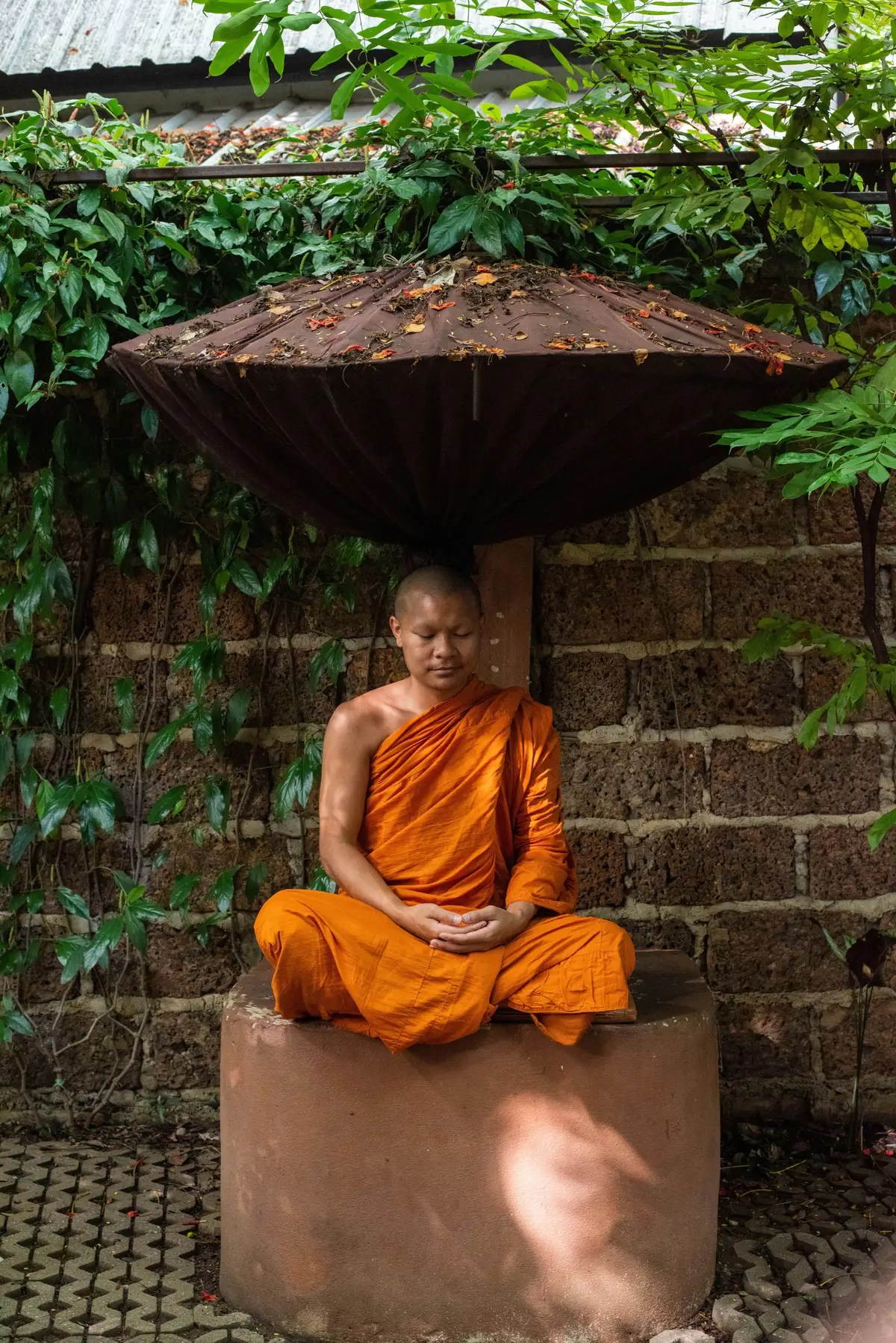 moine bouddhiste en robe orange assis en position de meditation sous une grande ombrelle en paille devant un mur en briques