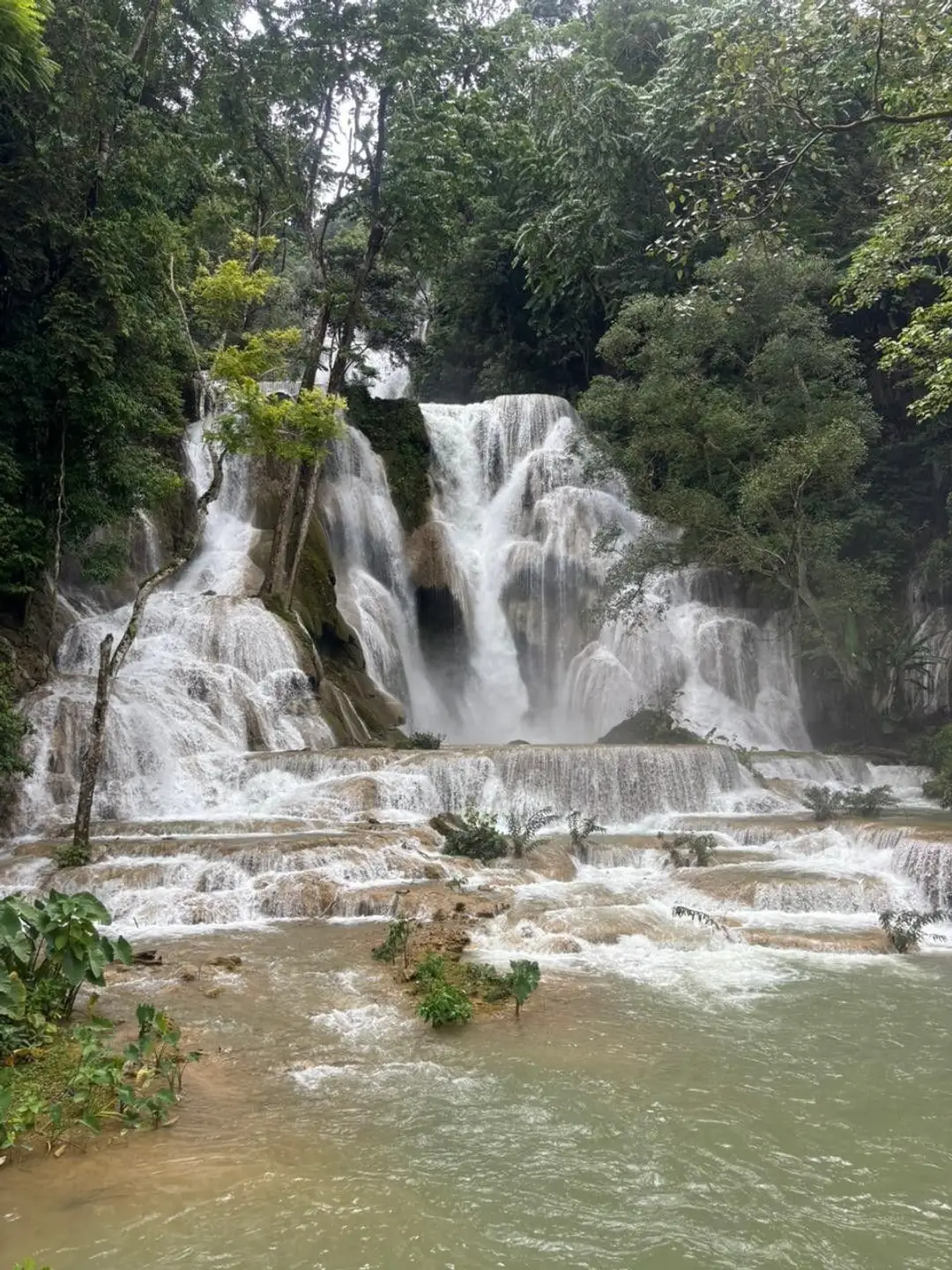 Une impressionnante cascade s'écoule en plusieurs paliers rocheux au milieu d'une forêt tropicale dense pour se jeter dans un bassin naturel au Laos.