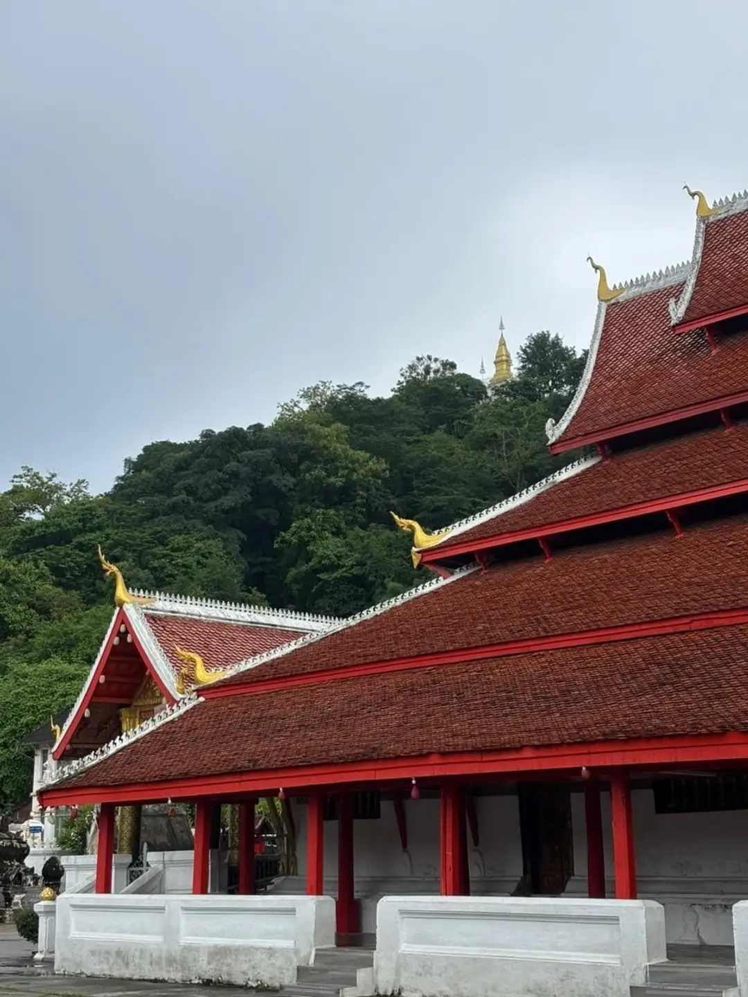Les toits superposés en tuiles sombres et bordures rouges d'un temple bouddhiste traditionnel ornés de dorures, avec une colline boisée et un stoupa doré au loin à Luang Prabang.
