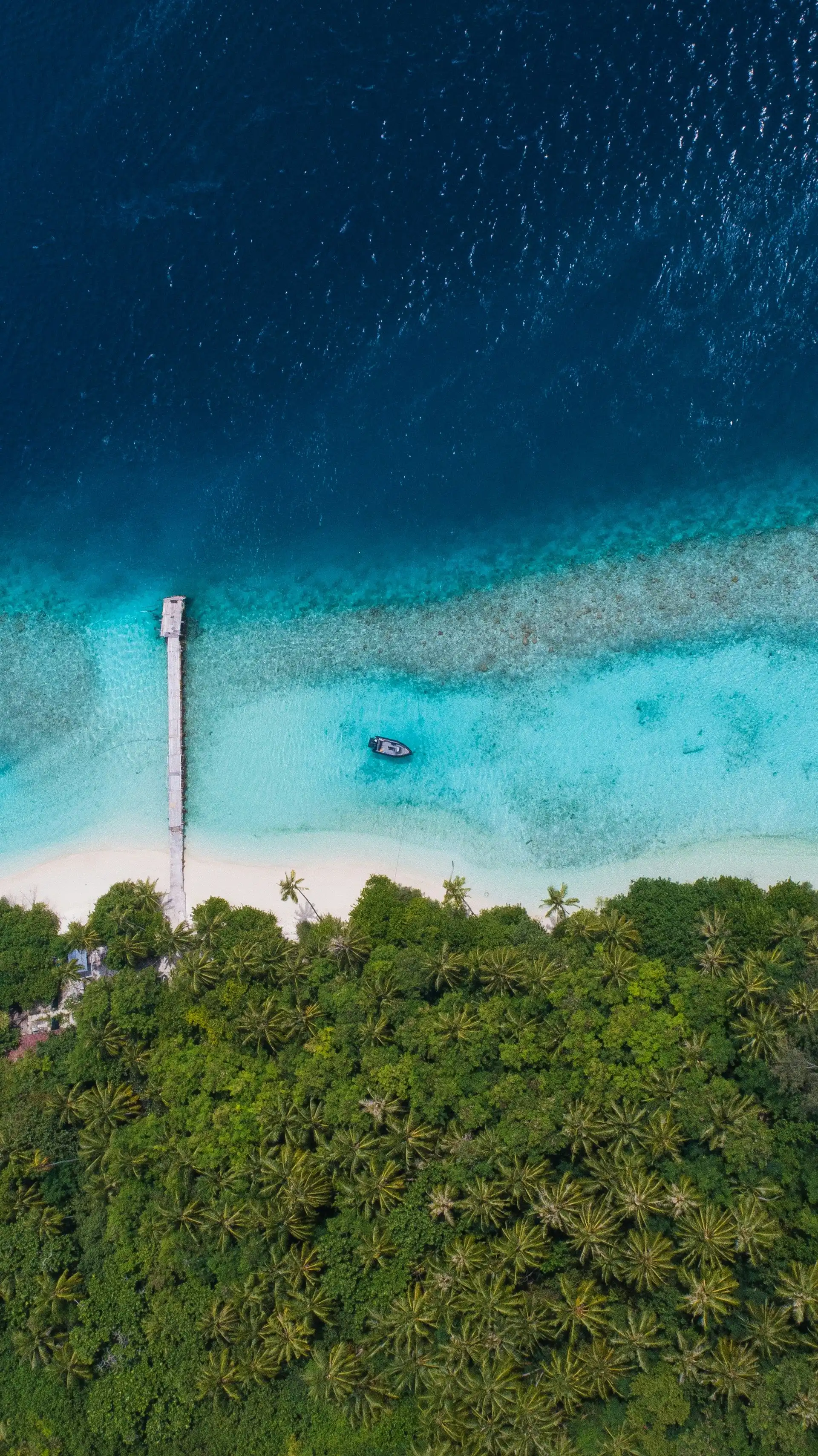 vue aerienne plongeante d une barriere de corail separant un lagon turquoise cristallin de l ocean bleu profond aux maldives
