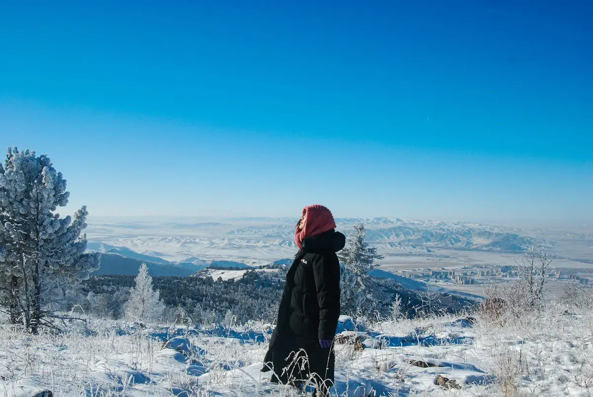 Une personne seule dans l'immensité mongole en hiver