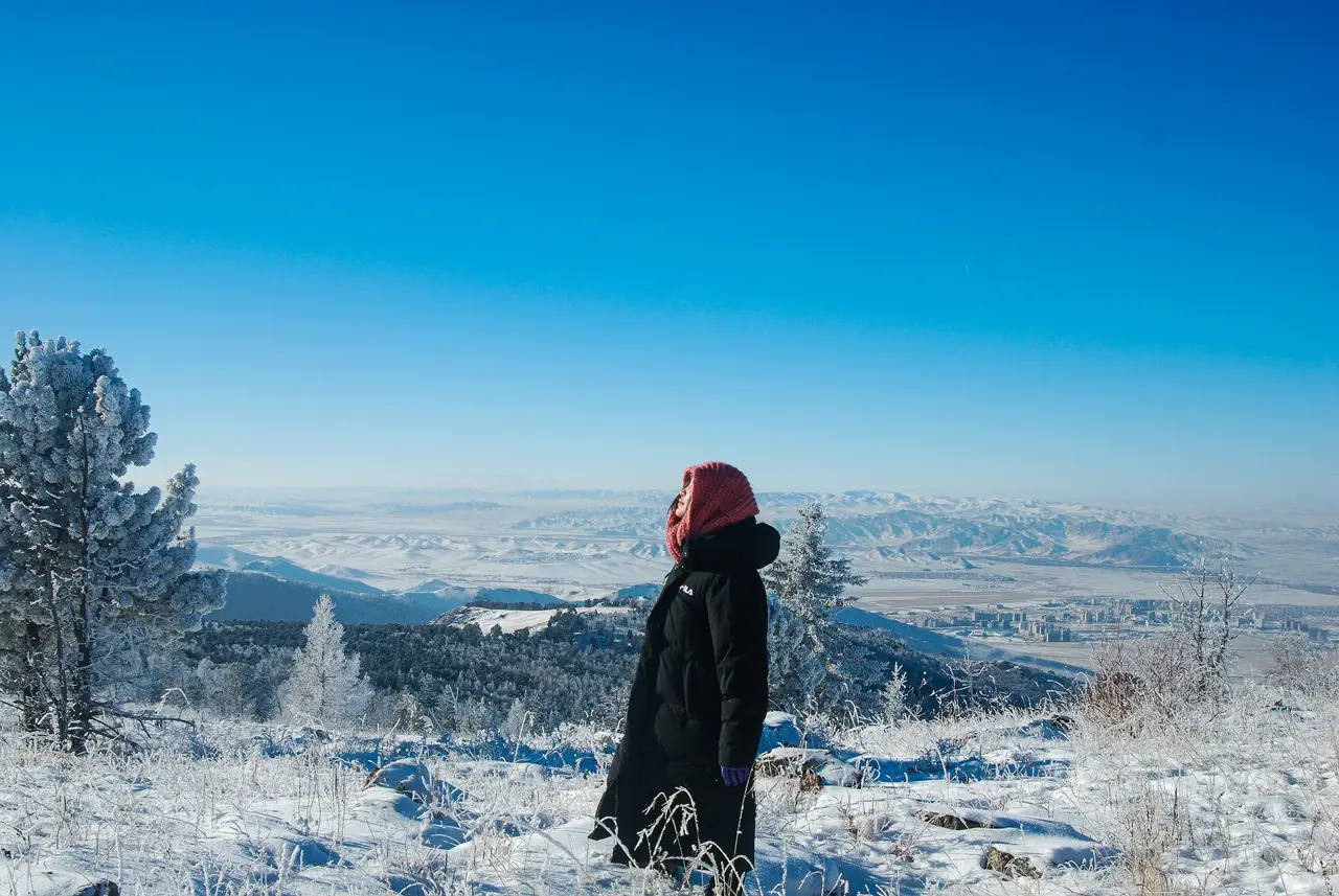 Une personne seule dans l'immensité mongole en hiver