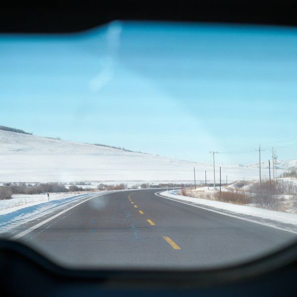 Regarder à travers la vitre lors d'un trajet en voiture en hiver en Mongolie