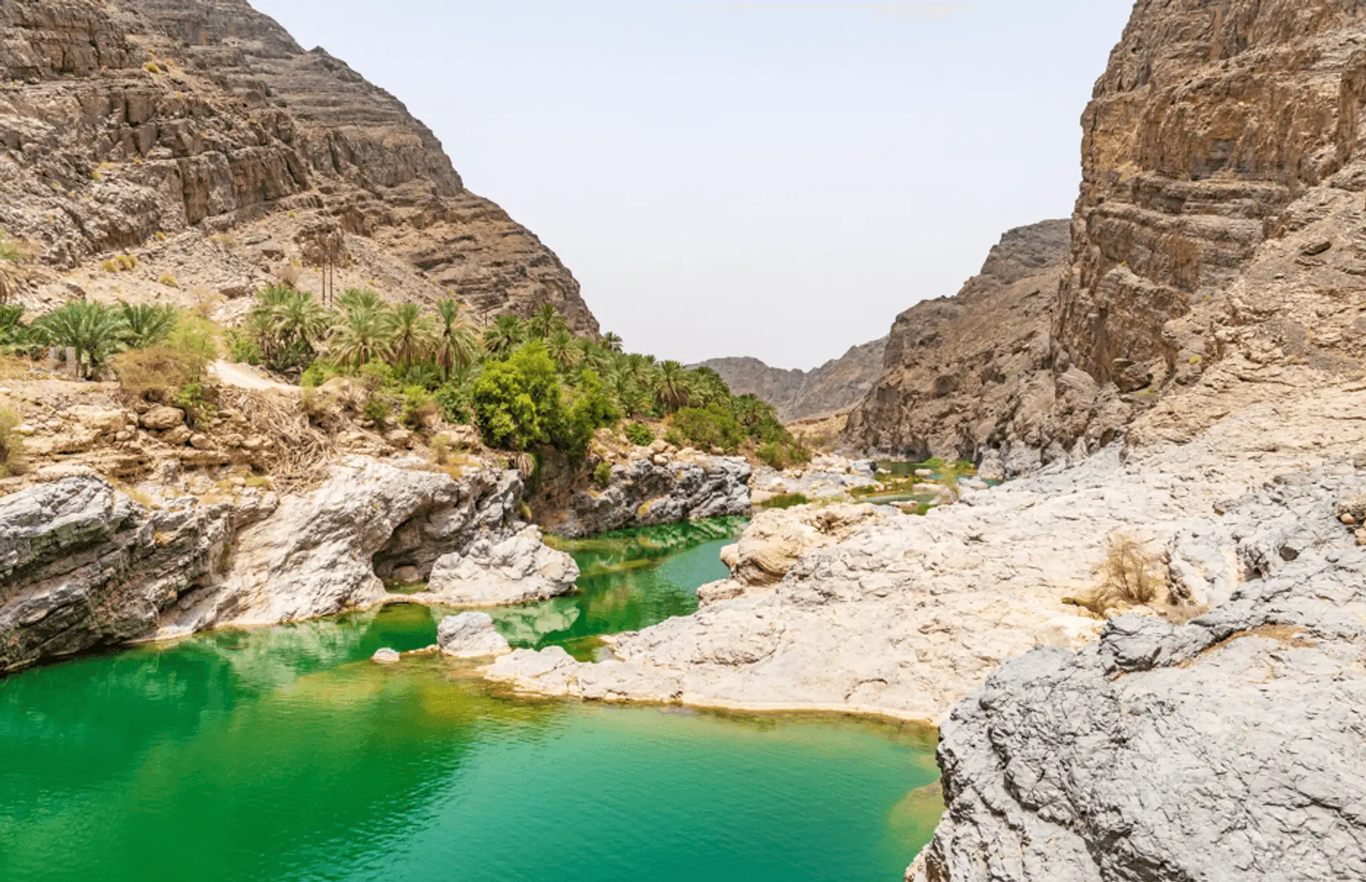Trek à Oman — Les vasques d'eau turquoise du Wadi Al Arbeieen encaissées entre les falaises arides du Sultanat.