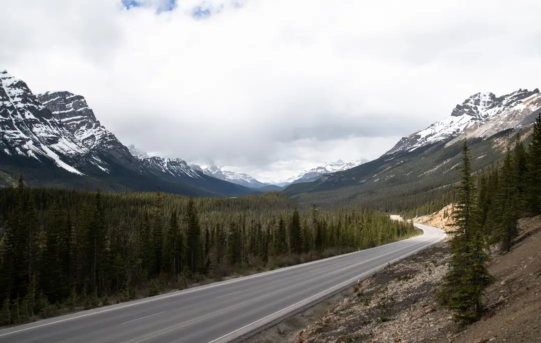 Promenade des Glaciers, ou Icefields Parkway, dans les Rocheuses canadiennes entre les parcs nationaux de Banff et de Jasper.