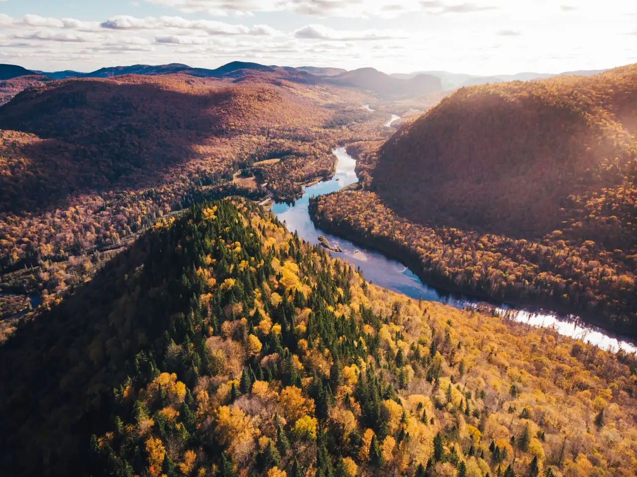 Une vue aérienne époustouflante du feuillage d'automne dans le parc national du Québec, mettant en avant des couleurs automnales vibrantes et un paysage fluvial serein.