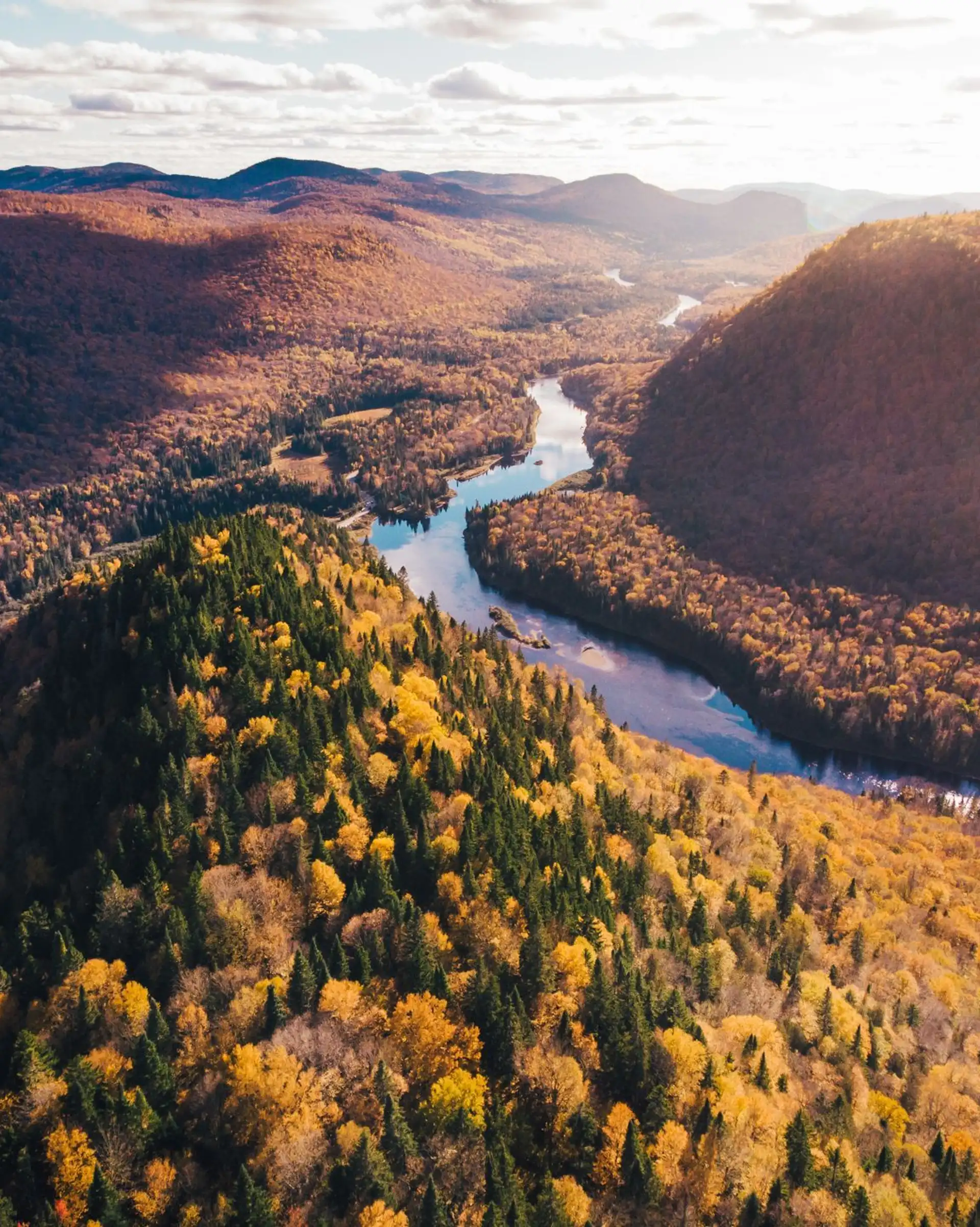 Une vue aérienne époustouflante du feuillage d'automne dans le parc national du Québec, mettant en avant des couleurs automnales vibrantes et un paysage fluvial serein.