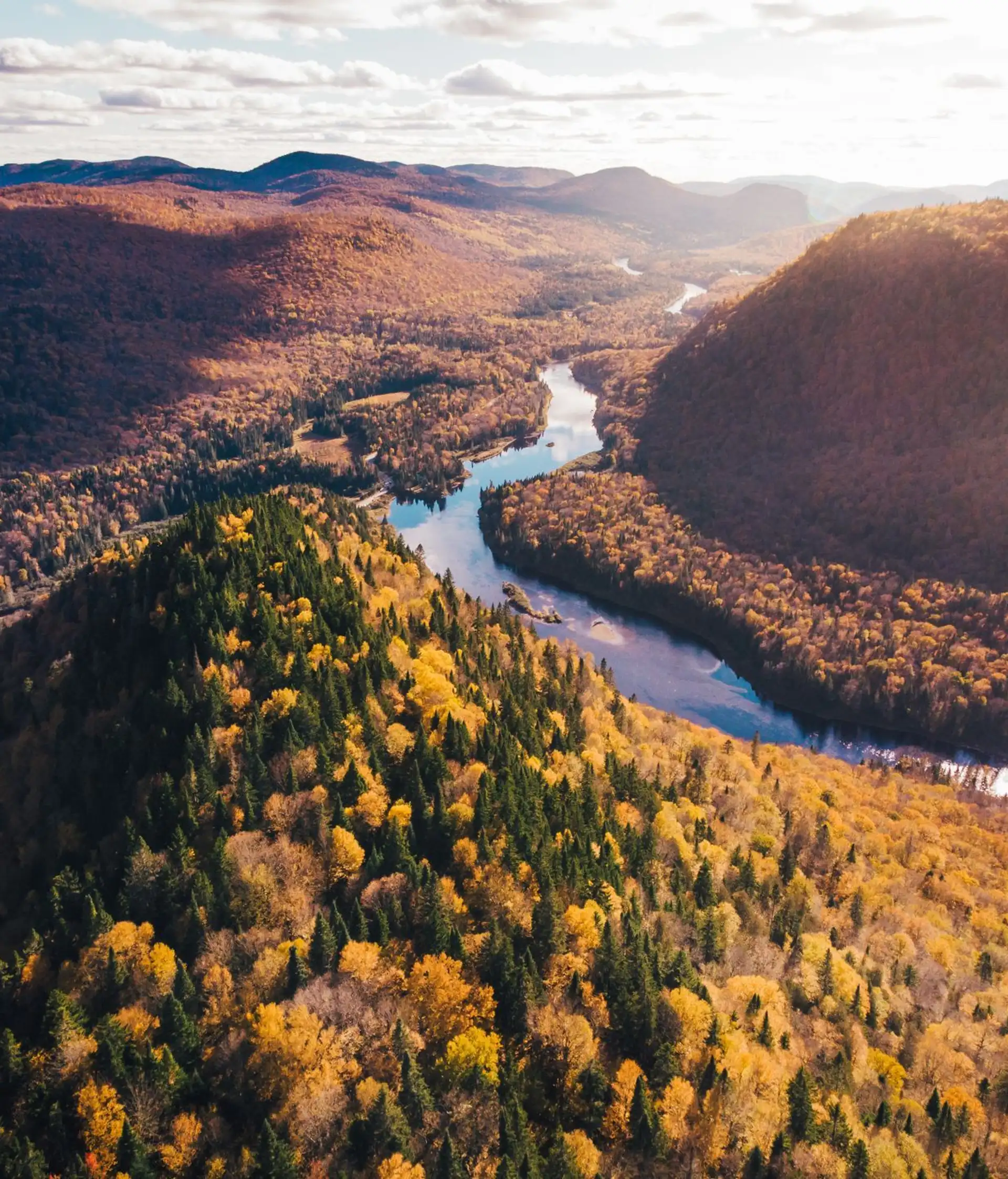 Une vue aérienne époustouflante du feuillage d'automne dans le parc national du Québec, mettant en avant des couleurs automnales vibrantes et un paysage fluvial serein.