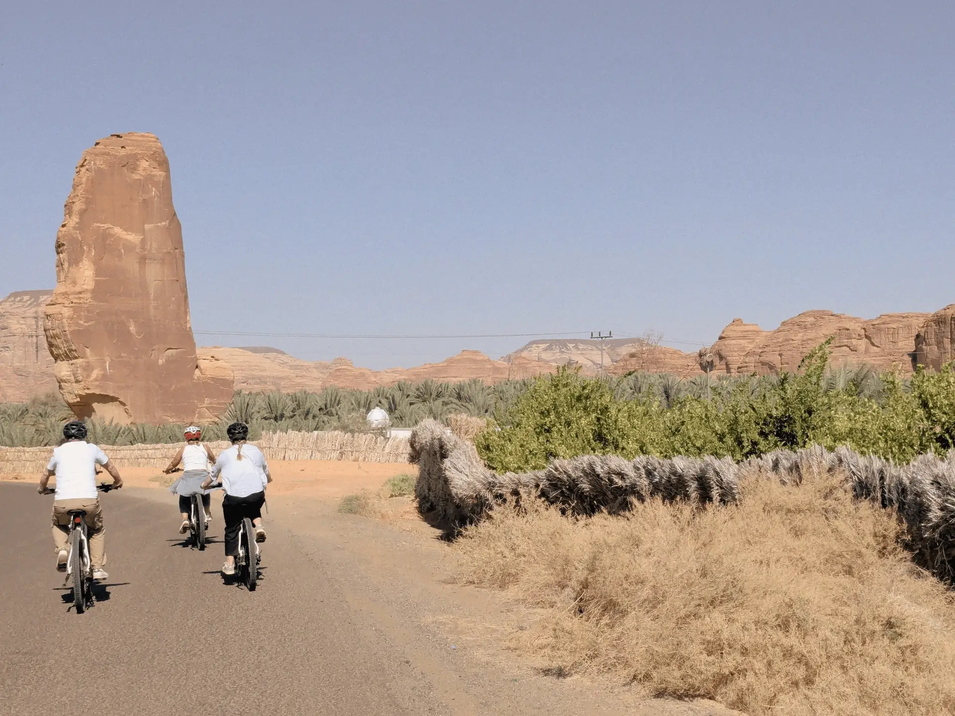 Voyage en Arabie Saoudite — balade à vélo dans la palmeraie d’AlUla avec oasis, cultures et paysages désertiques