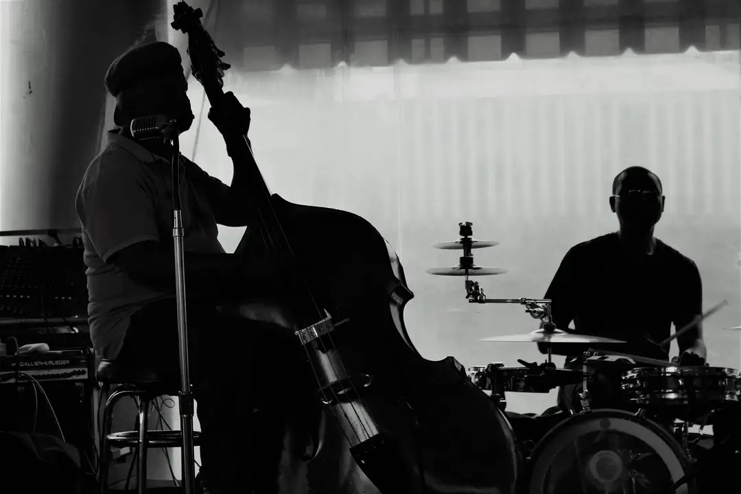 Silhouettes de musiciens jouant de la basse et de la batterie lors d'un concert de jazz.